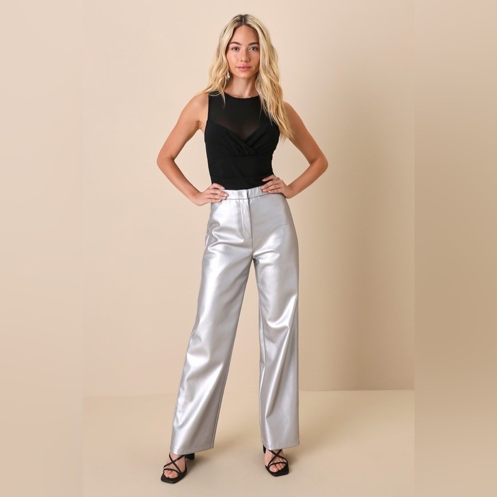 Lulus Silver Metallic Vegan Leather‎ Wide Leg Pants High Waisted Trousers Small